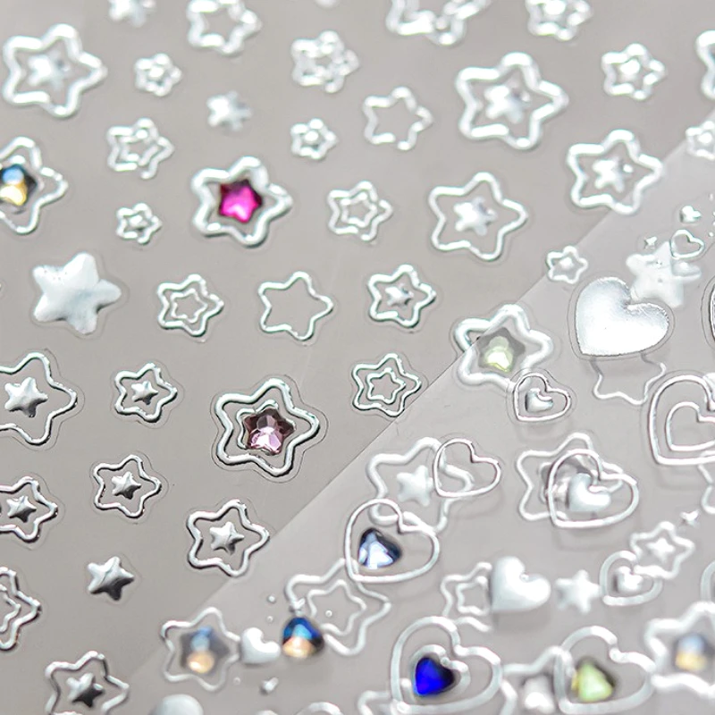 

Silver Star Love Heart Crystal Rhinestones Punk Moon Metal Bowknot Irregular Clock Pattern Block Planet Nail Art Stickers Decals
