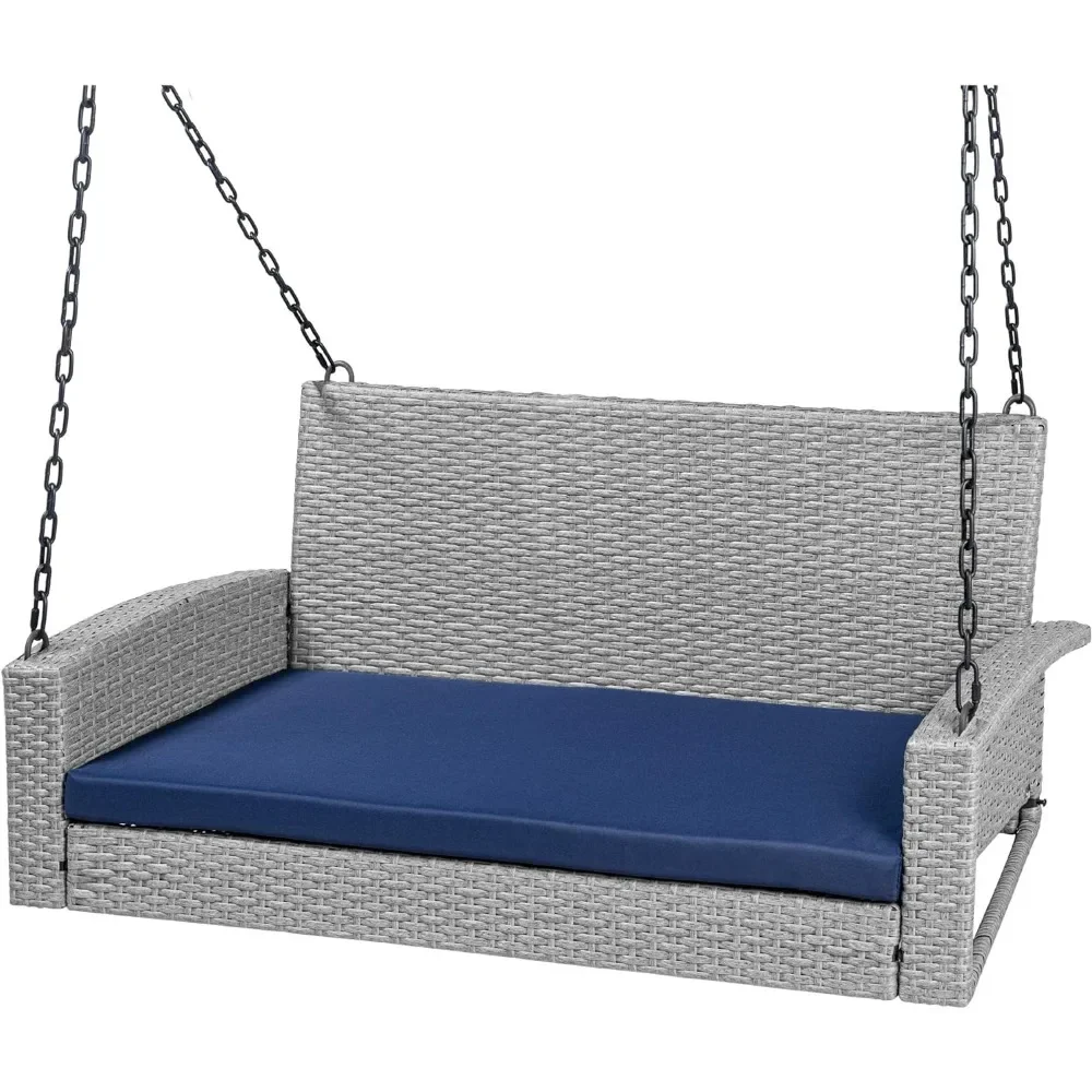 Woven rattan outdoor porch swing, hanging patio bench, terrace, garden with mounting chain, seat cushion