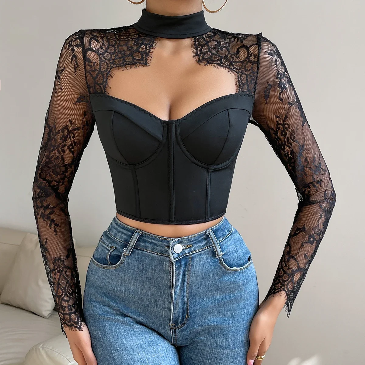 

Zik Hekiy Fishbone Skinny Crop Top Women Y2K Sexy Lace Embroidery Hollowing Mesh See Through Long Sleeve Backless Slim Blouses