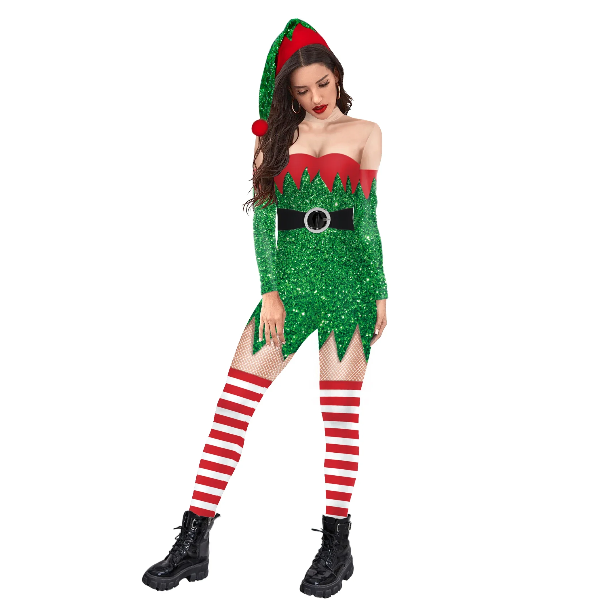 Xmas Elf Jumpsuit Christmas Cosplay Costume 3D Printing Bodysuit Party Circus Troupe Women Zentai Festival Skinny Jumpsuit