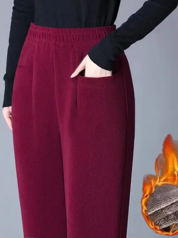 고품질 기모 안감 코듀로이 보온 바지 겨울 신상 슬림핏 엄마 캐주얼 바지 기모 스트레이트 팬츠