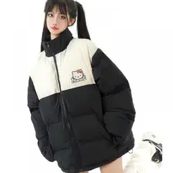 Sanrios Kawaii Hello Kittys Women Down Jacket Anime Winter Thicken Warm Color Matching Cotton Clothes Coat Student Loose Fashion