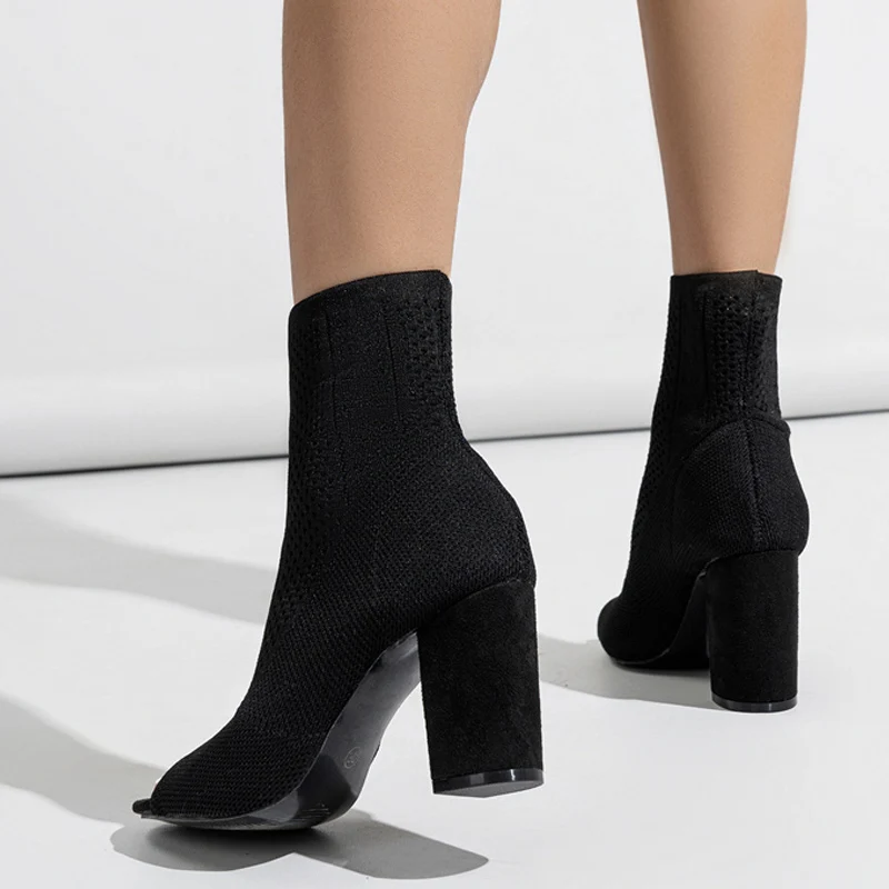 Liyke Spring Autumn Peep Toe Ankle Elastic Boots Women Black Stretch Fabric Knitting Sock Shoes Female Square High Heels Booties