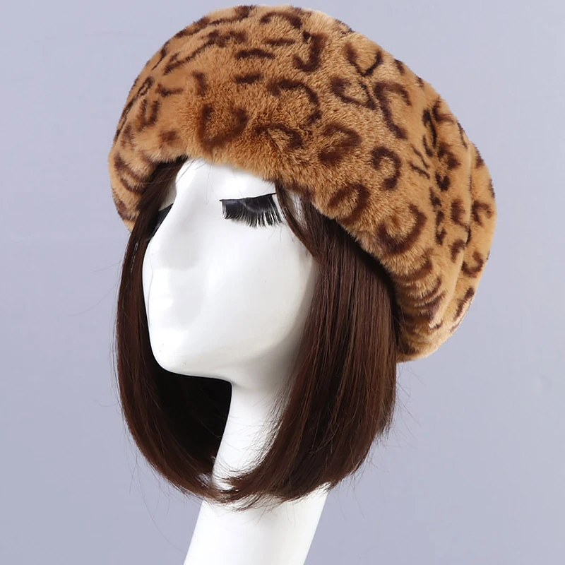 Winter Thick Furry Hairband Fluffy Russian Faux Fur Women Girl Fur Headband Hat Winter Outdoor Earwarmer Ski Hats Leopard 62cm