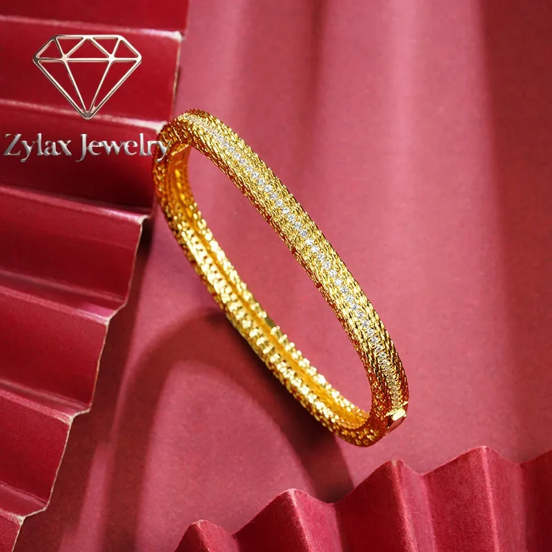 Zylax Jewelry 24K Gold Zircon-Inlaid Square Geometric Clasp Bracelet Women AU999 - 24K forged, AU999 certified, zircon+geometric
