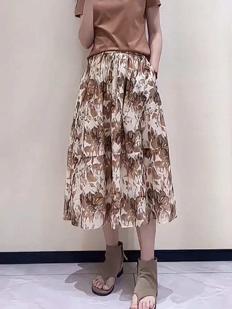 

Модная летняя юбка с принтом, эластичная, драпированная, длинная, для повседневной носки, в корейском стиле, с высокой талией, А-силуэт