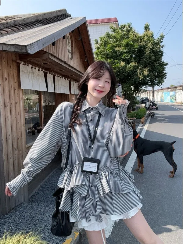 

Korean Style Striped Loose Women's Shirt Spring 2026 New Fashion Slimming Hem Design Sense Top Trendy Mid-Length Sleeve