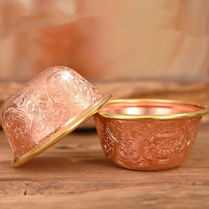 Tibetan Red Copper Bowl,Holy Water Cup, Engraved Eight Auspiciousness Religious Item Bowl, Altars Desktop Decorative,8 cm,1pcs