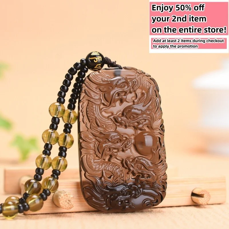 

Natural Ice Obsidian Jade Pendant W/ Beads Cord Nelace Dragon Charm Gemstone
