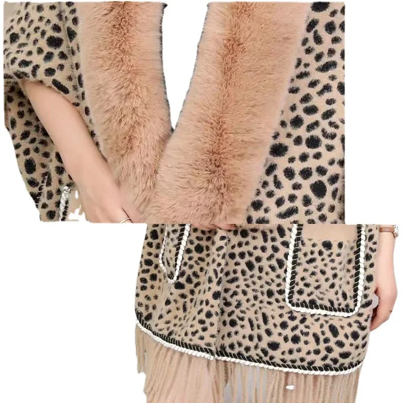 Jesienno-zimowa nowa imitacja norek imitacja wełny kołnierz szal z dzianiny kobiety frędzle Poncho Lady peleryny khaki płaszcze