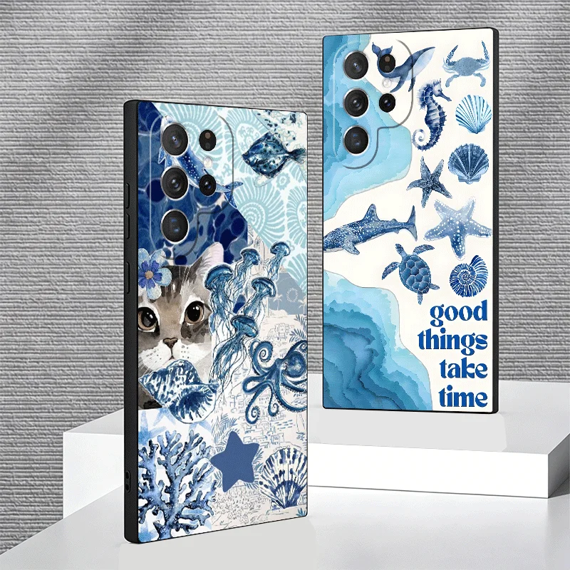 Soft Phone Case For Samsung Galaxy S24 S25 S26 Ultra Ocean Starfish Sea Turtle Shark S23 S22 Plus S21 FE S20 + Edge Black Cover