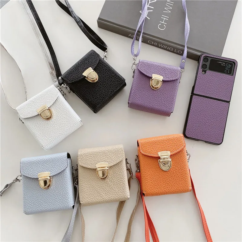 

Luxury Mini Crossbody Bag Card Holder Phone Case for Samsung Galaxy Z Flip 5 4 Z Flip 3 Lichee Pattern PU Leather Folding Cover