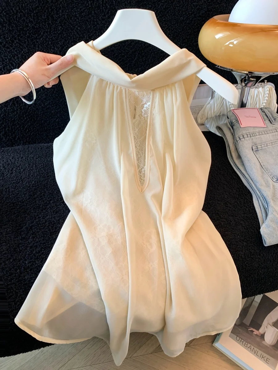 

Fashionable Plaid Strap Halter Neck Lace Patchwork Sleeveless Top Women's Summer New Unique Beautiful Original Design Tunic