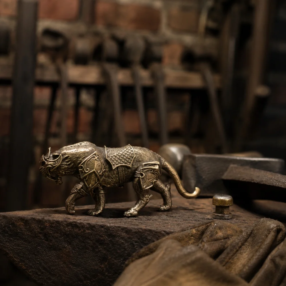 Vintage Brass Armored War Tiger Mini Figurine Desktop Collectible Craft Ornament Medieval Wildlife Diorama Landscape Decor