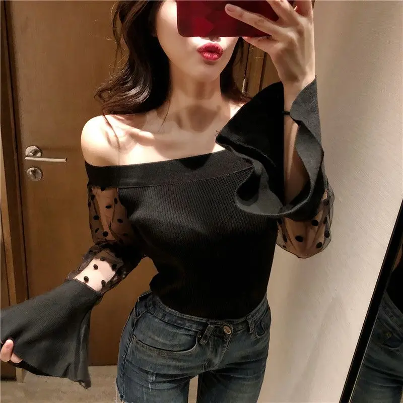 Be Careful with the Machine Knitted Sweater New One Necked Off Shoulder Flared Long Sleeved Mesh Patchwork Sexy Top