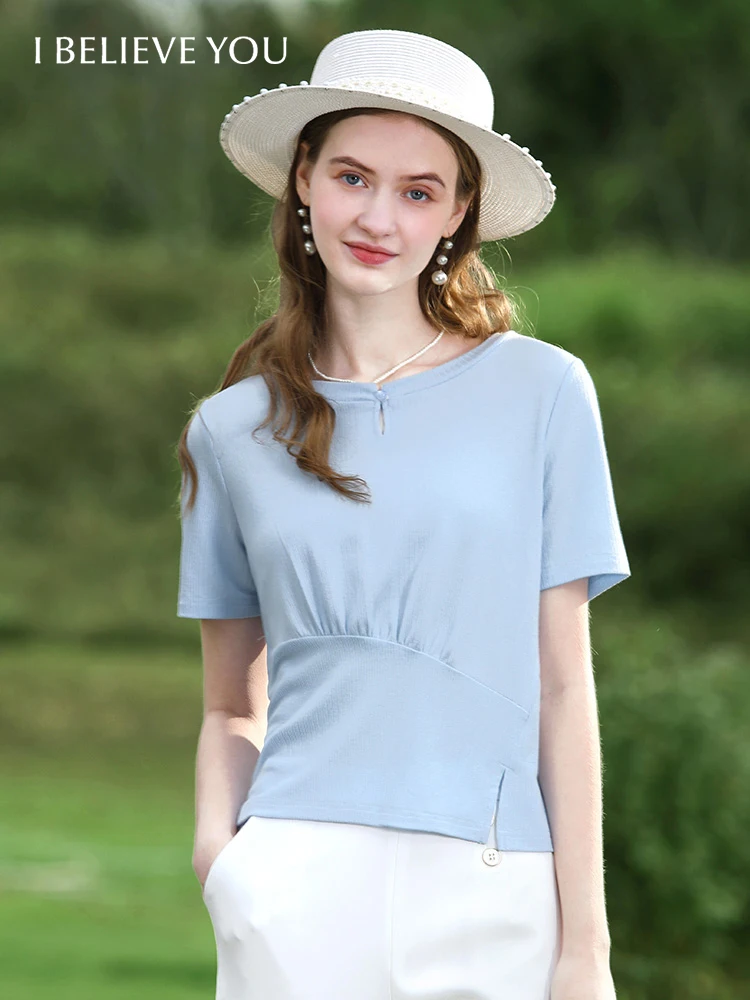 

I BELIEVE YOU Blue Hollow Knit Short Sleeve Women's T-Shirts 2024 Summer New Waist Trendy Female Slim Chic Short Tops 2242015703