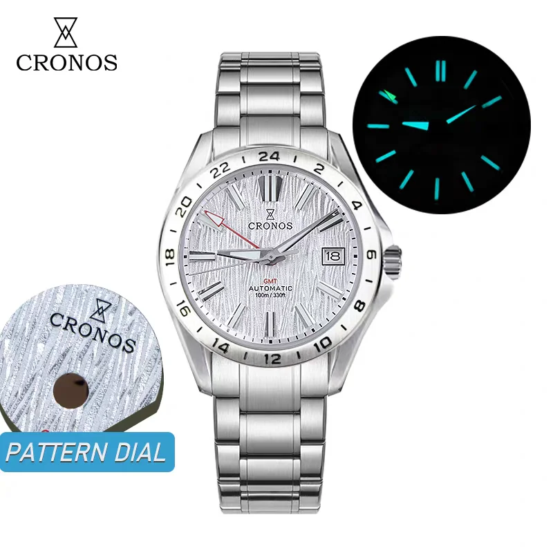 

Мужские автоматические часы CRONOS, спортивные, 39 мм, GMT, механические наручные часы, сапфировое стекло, водонепроницаемость 10 бар, светящиеся стрелки BGW-9, циферблат Desert, механизм NH34