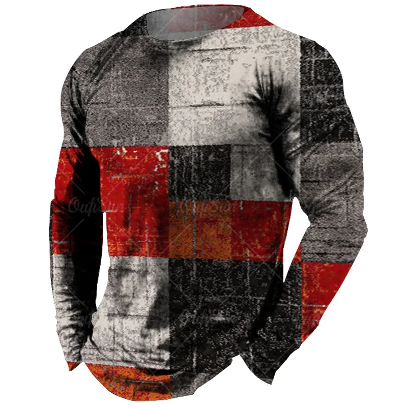 Vintage Men\'s Long Sleeve T-shirt Tops Plaid Print Autumn Oversized Sweatshirt Male O-neck Casual Daily Streetwear Men Clothing