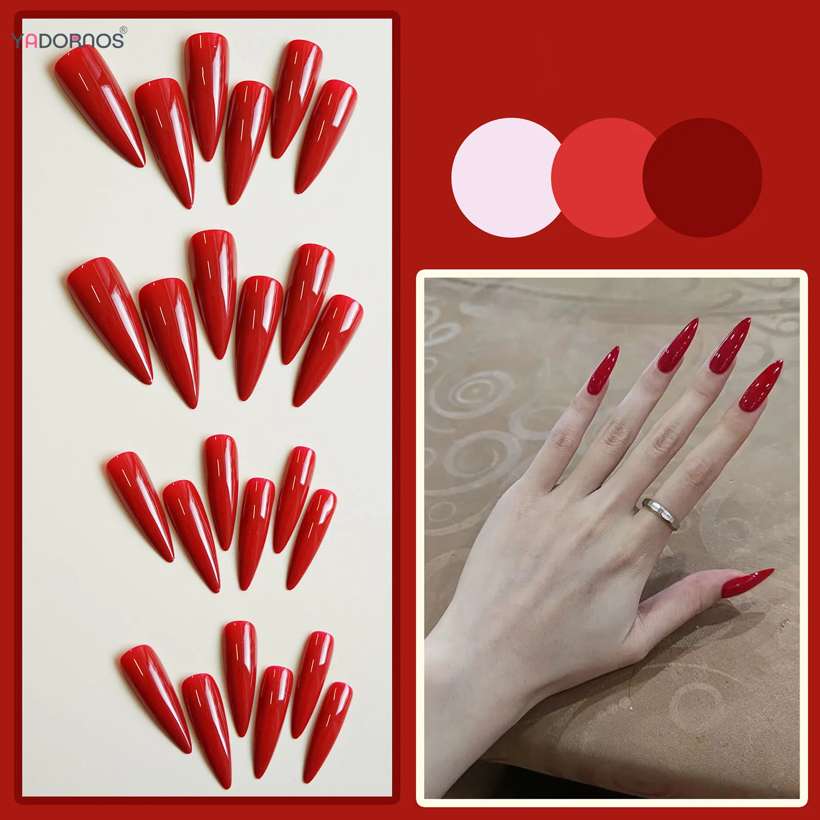 Uñas postizas de Stiletto largo, uñas postizas Rojas chinas, dijes de fiesta diarios, manicura Simple, puntas de uñas postizas de Color sólido