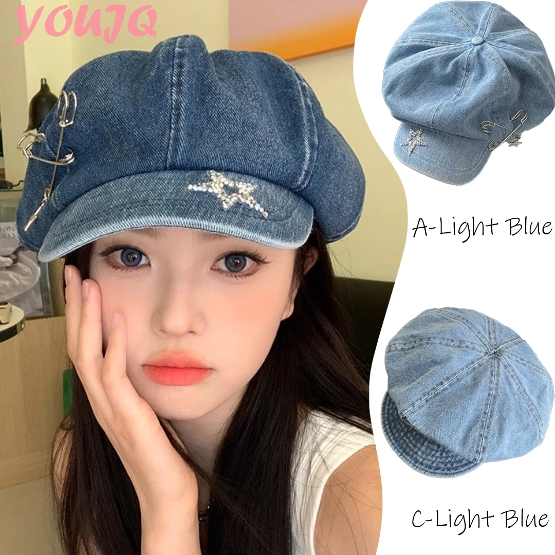Y2K Big Head Flash Diamond Star Pin Denim Beret Hats for Women Spring Summer Niche Trend Retro Octagonal Short Brim Newsboy Cap