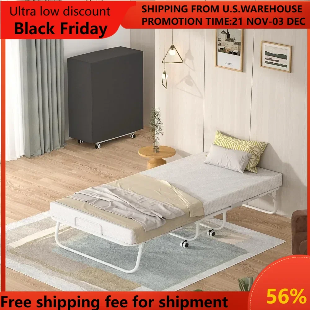 

Folding Bed with Mattress, Portable Foldable Bed with Storage Cover, Rollaway Bed for Adults with Memory Foam Mattress