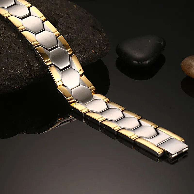 Vinterly Football Style Bracelets Men Gold-color Germanium Magnetic Stainless Steel Chain Link Jewelry Waterproof 18mm Magnets
