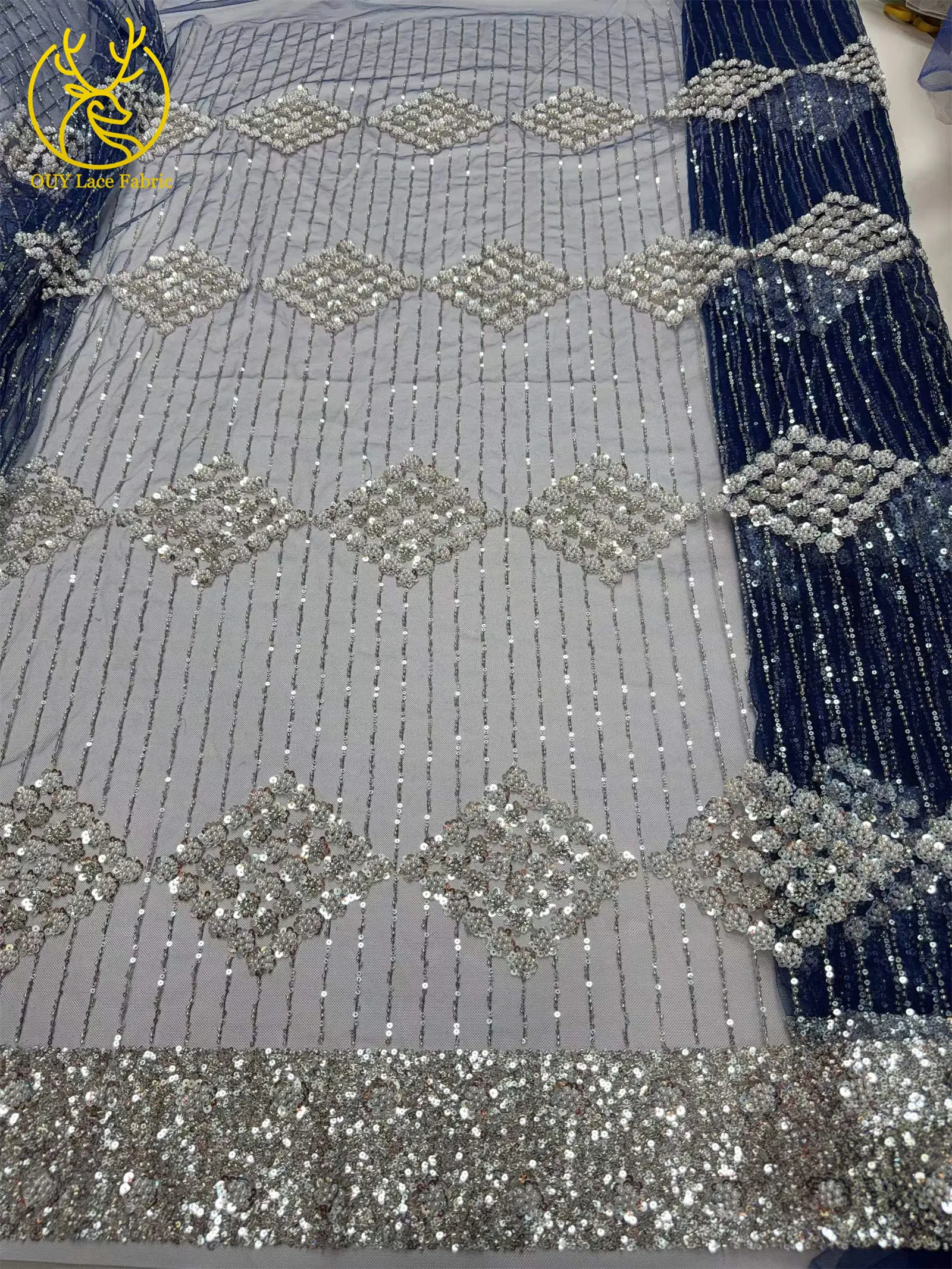 Eleganter, modischer afrikanischer Spitzenstoff mit Perlen und Pailletten, 2026, neues Design, französischer nigerianischer Tüll-Spitzenstoff für Abschlussball- und Partykleider, 5 Yards – Detail 9