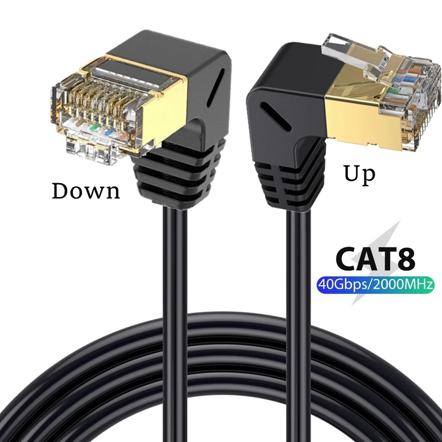 Cat8 Ethernet Cable SFTP 40Gbps 2000MHz Cat 8 RJ45 Network Lan 90 Degree Up Down Left Right Angle Internet RJ 45 Ethernet Cable