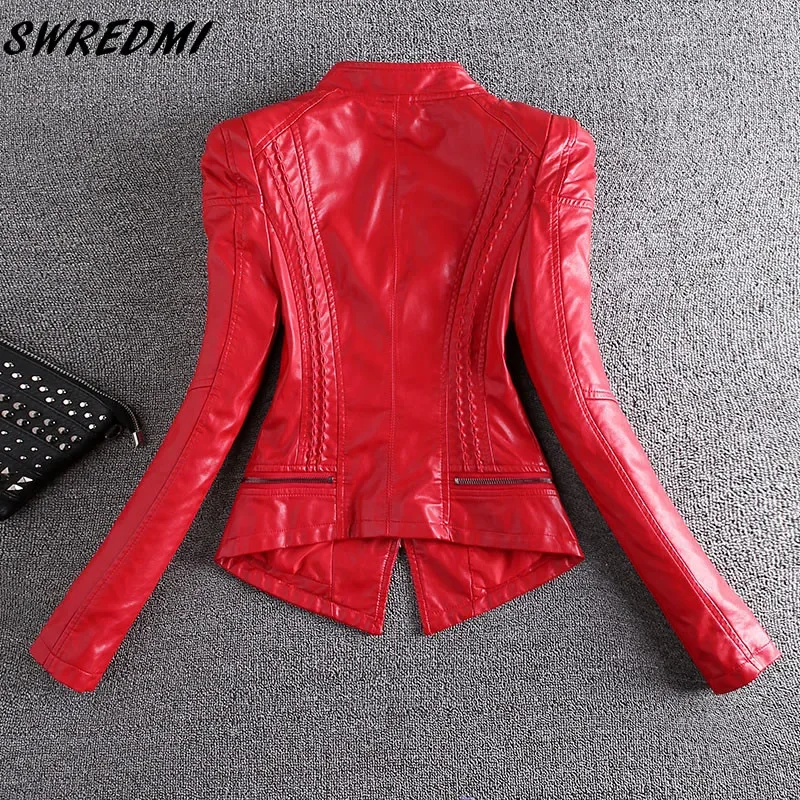 SWREDMI 2024 New Fashion Red Motorcycle Leather Jacket Women Rivet Zippers Biker Leather Coat S-4XL Suede Outerwear