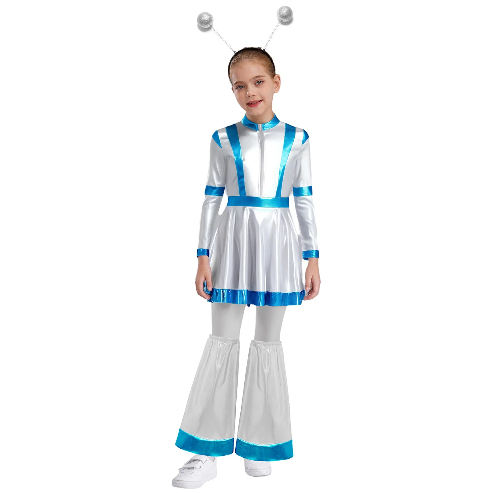 

Halloween Alien Astronaut Role Play Costume Metallic Dress with Leg Covers And Hair Hoop Headband for Stage Performance Holidays