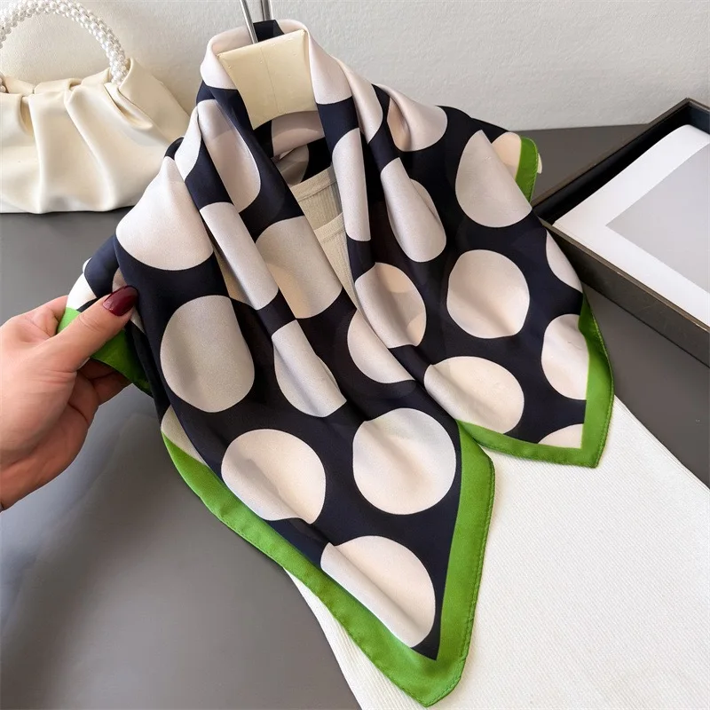 

2026 Summer Elegant Women 70cm 100% Silk Feeling Square Hair Scarf Polka Dot Print Beach Stole Hijab Shawl Wraps Bandana Echarpe