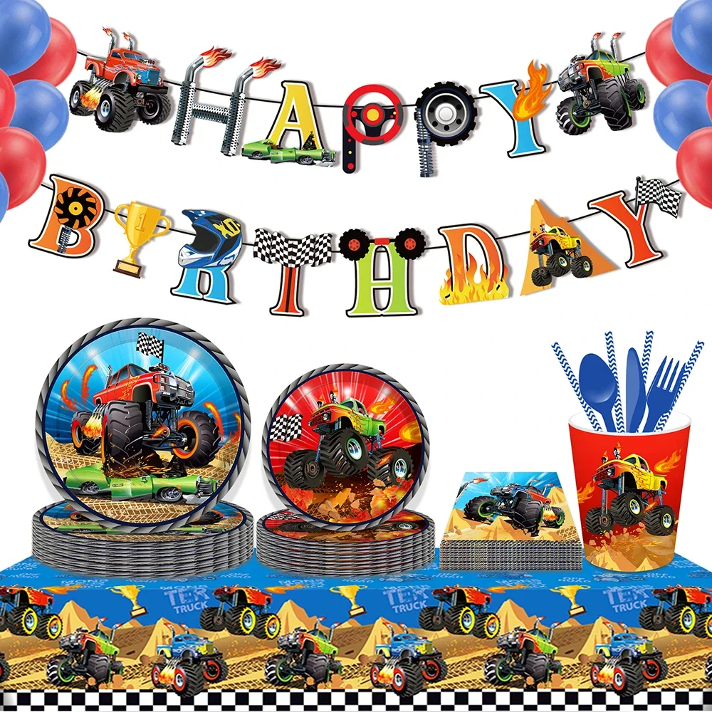 

Boy Cartoon Racing Monster Truck Game Birthday Party Disposable Tableware Sets Banner Tablecovers Baby Shower Party Decorations