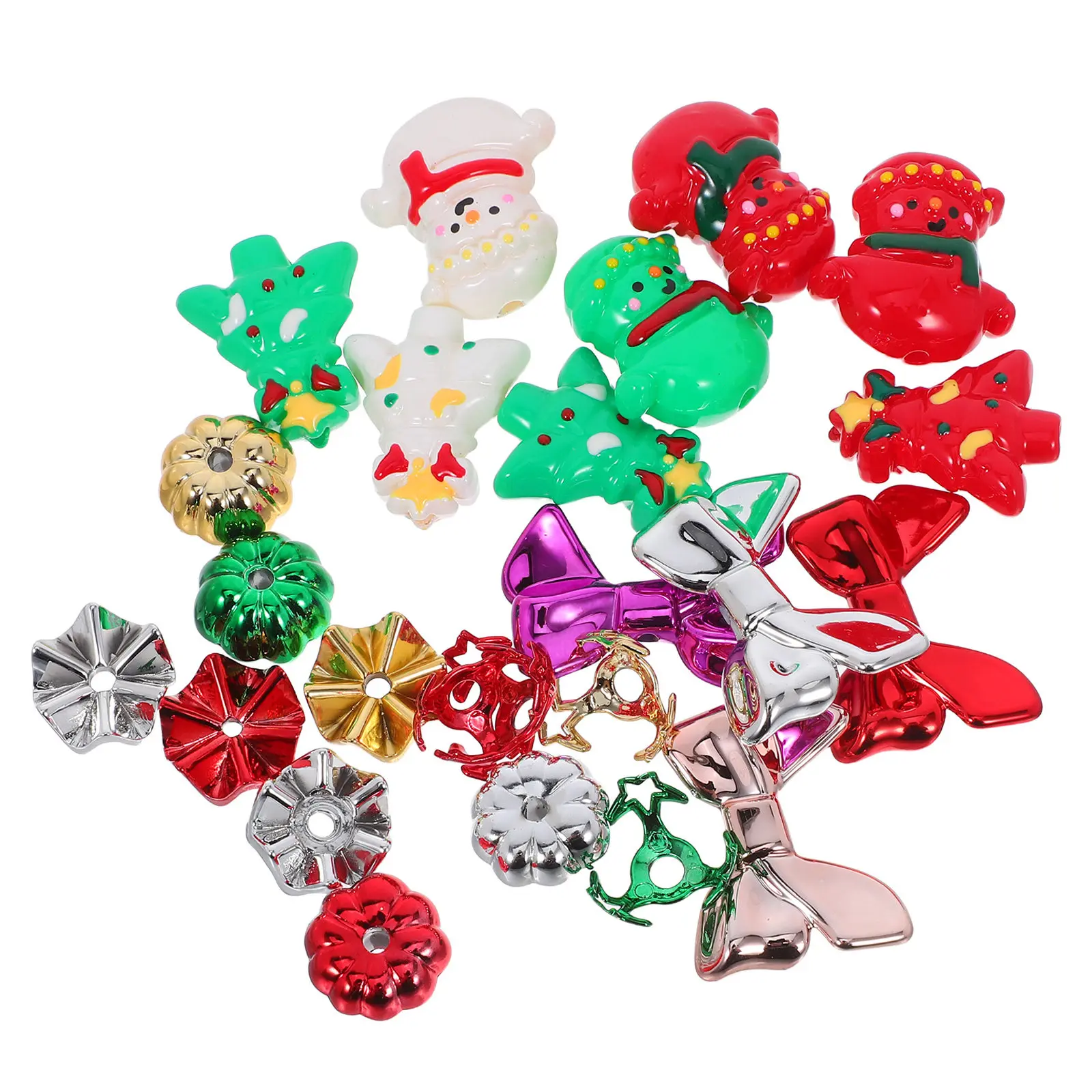 24Pcs Festive Hand-Painted Plastic Christmas Beads Assorted Shapes Snowman Tree Pumpkin Bowknot for DIY Bracelets Keychains