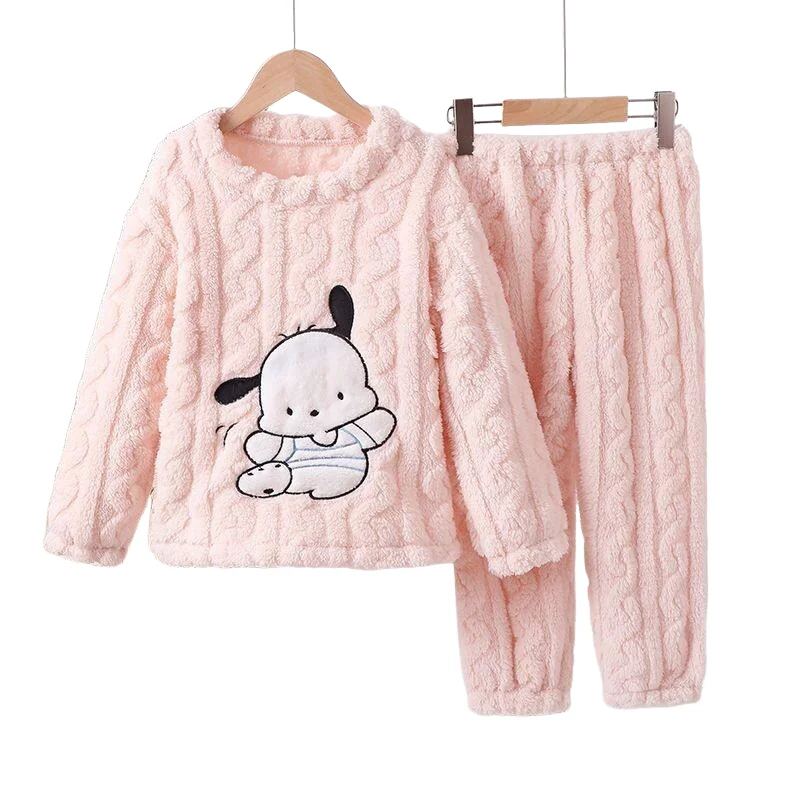 

Kuromi Cinnamoroll Sanrio Autumn and Winter Girls' Flannel Thickened Coral Cartoon Children's Pajama Set Cute Home Clothes Lady