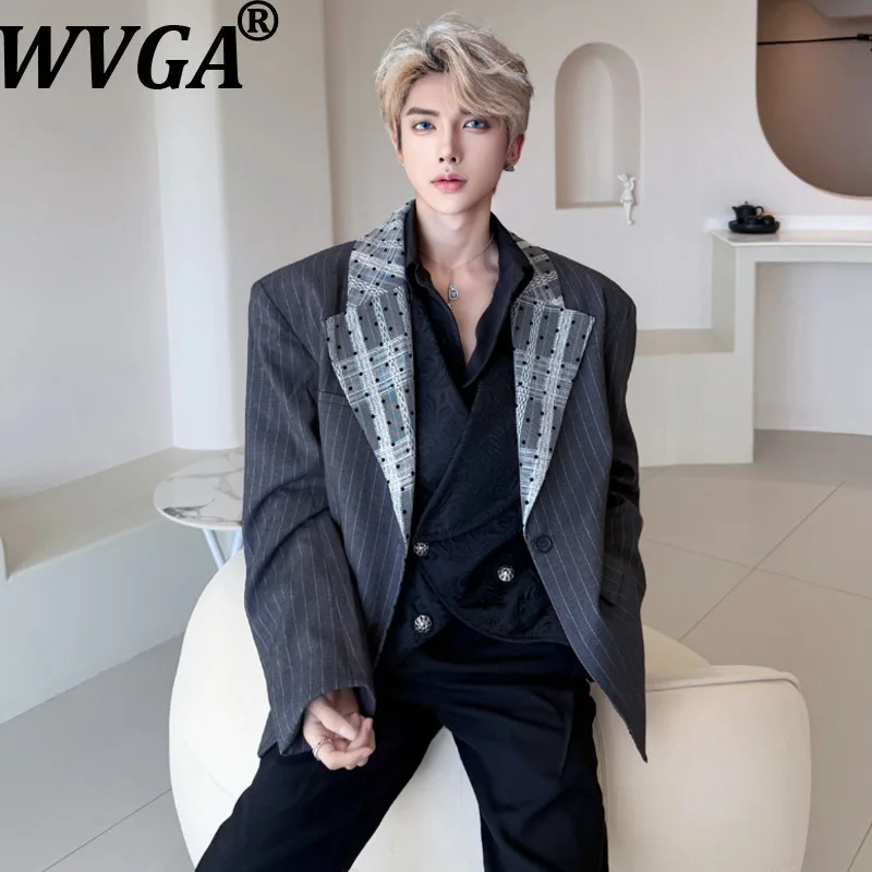 

WVGA Spring Autumn New Men Tide Turn-Down Collar Patchwork Plaid Trendy Blazer Niche Chic Casual Suit Jacket Darkwear Ins W16195