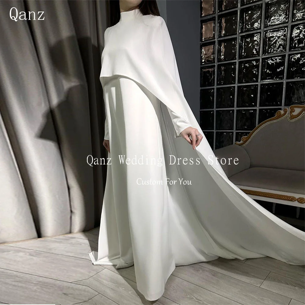 

Qanz Vintage White Muslim Evening Dresses Long Sleeves Customized Prom Gowns Cape High Neck Arabic Bespoke Wedding Party Dresses