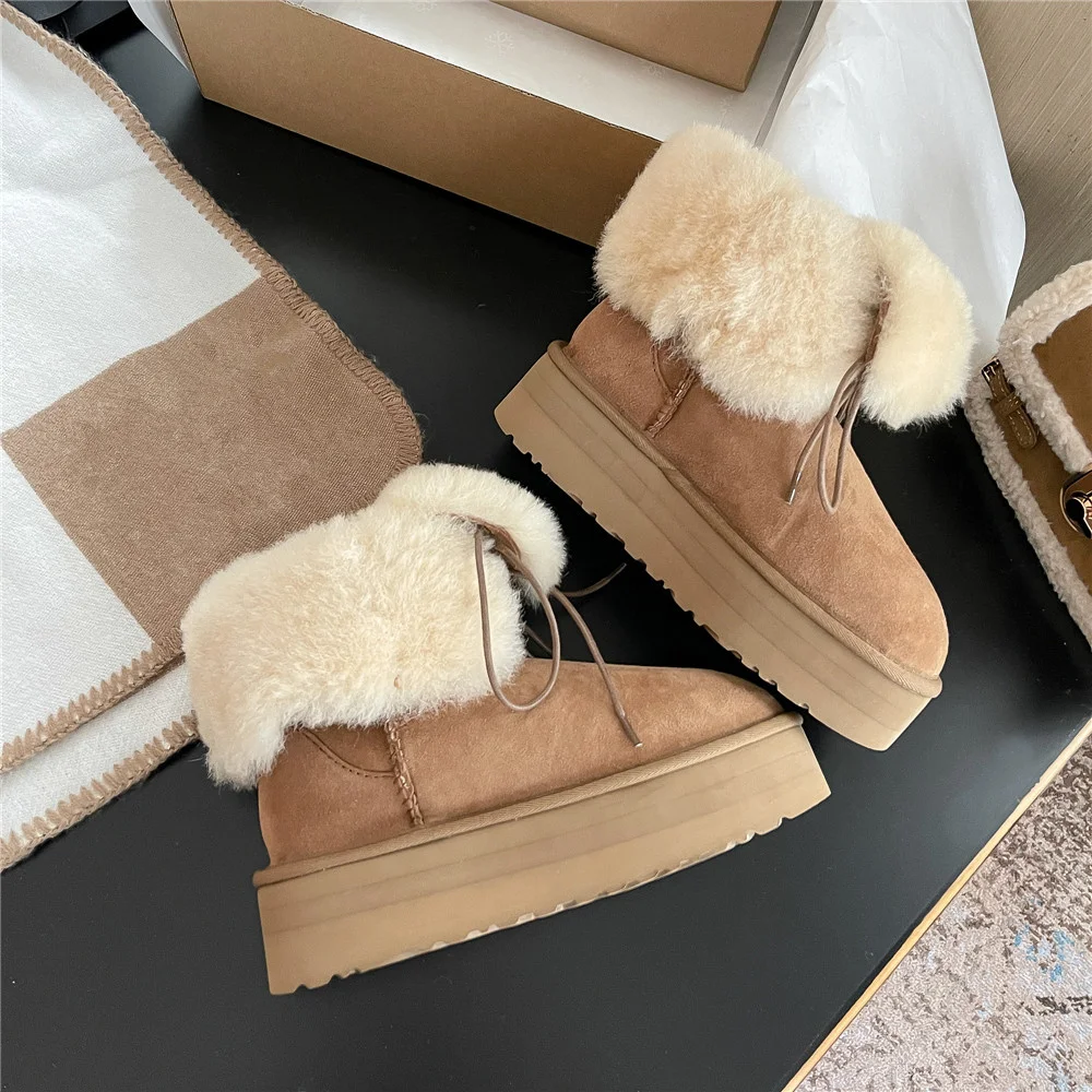 Aucegi New Women Round Toe Snow Ankle Boots Winter Wool Flat Thick Bottom Design Elastic Band Corss Tied Warmth Casual Shoes