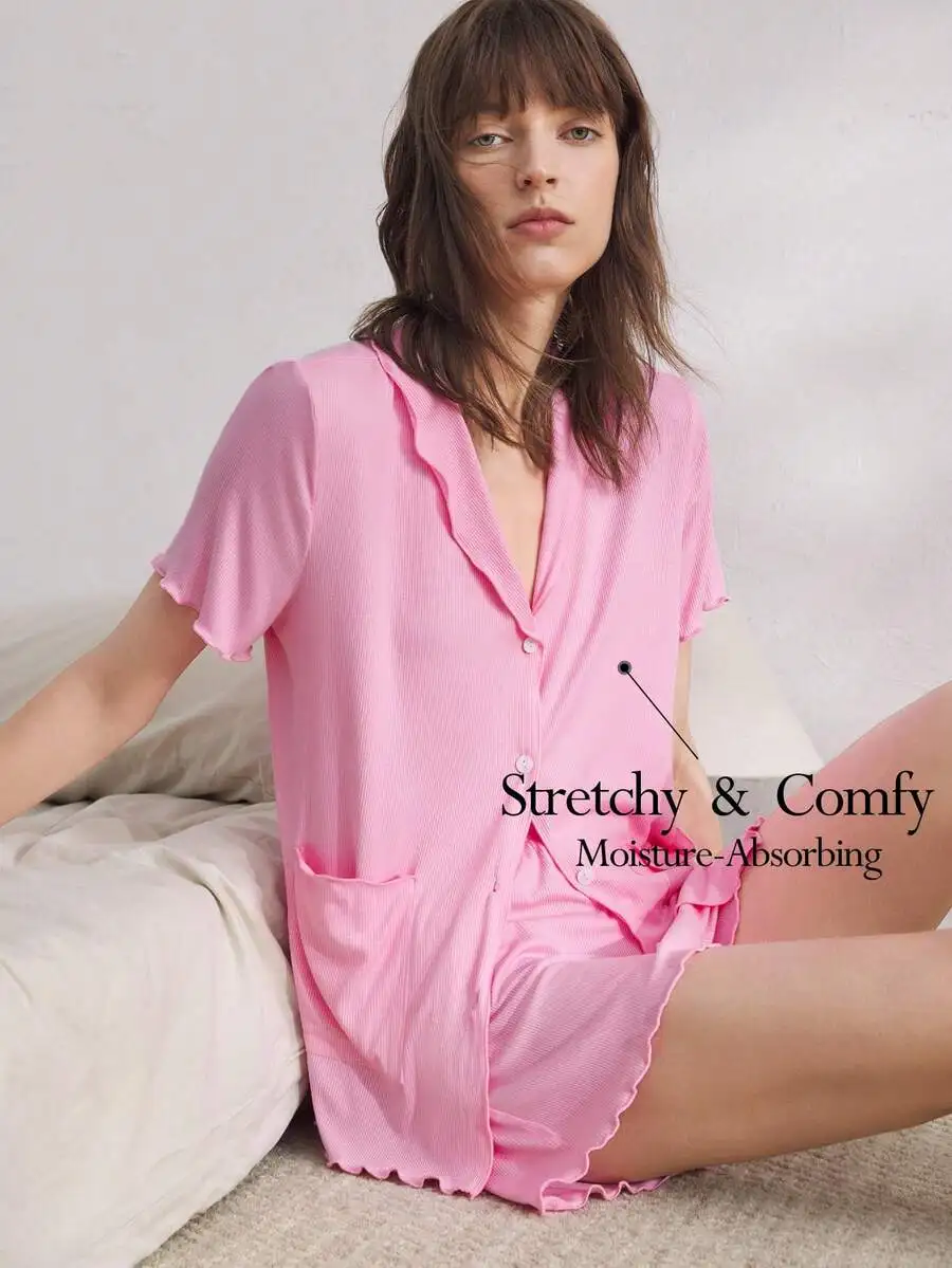 Women Soft Ribbed Ruffle Collar Short Sleeve Pajama Set