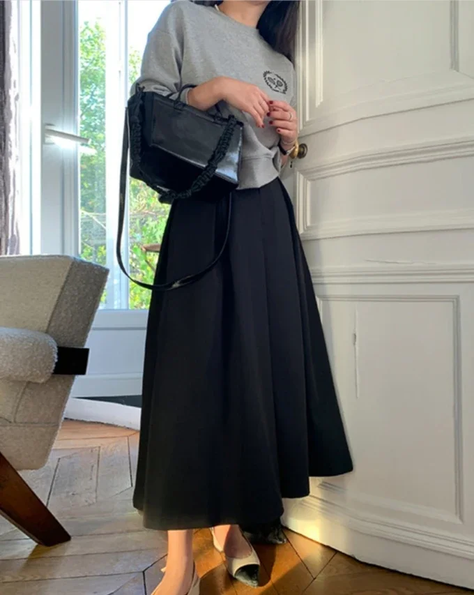 Chic Pleated Pockets Suits Skirts Office Ladies 2024 Spring Summer Korean A-Line Loose Casual Women High Waist Midi Skirt