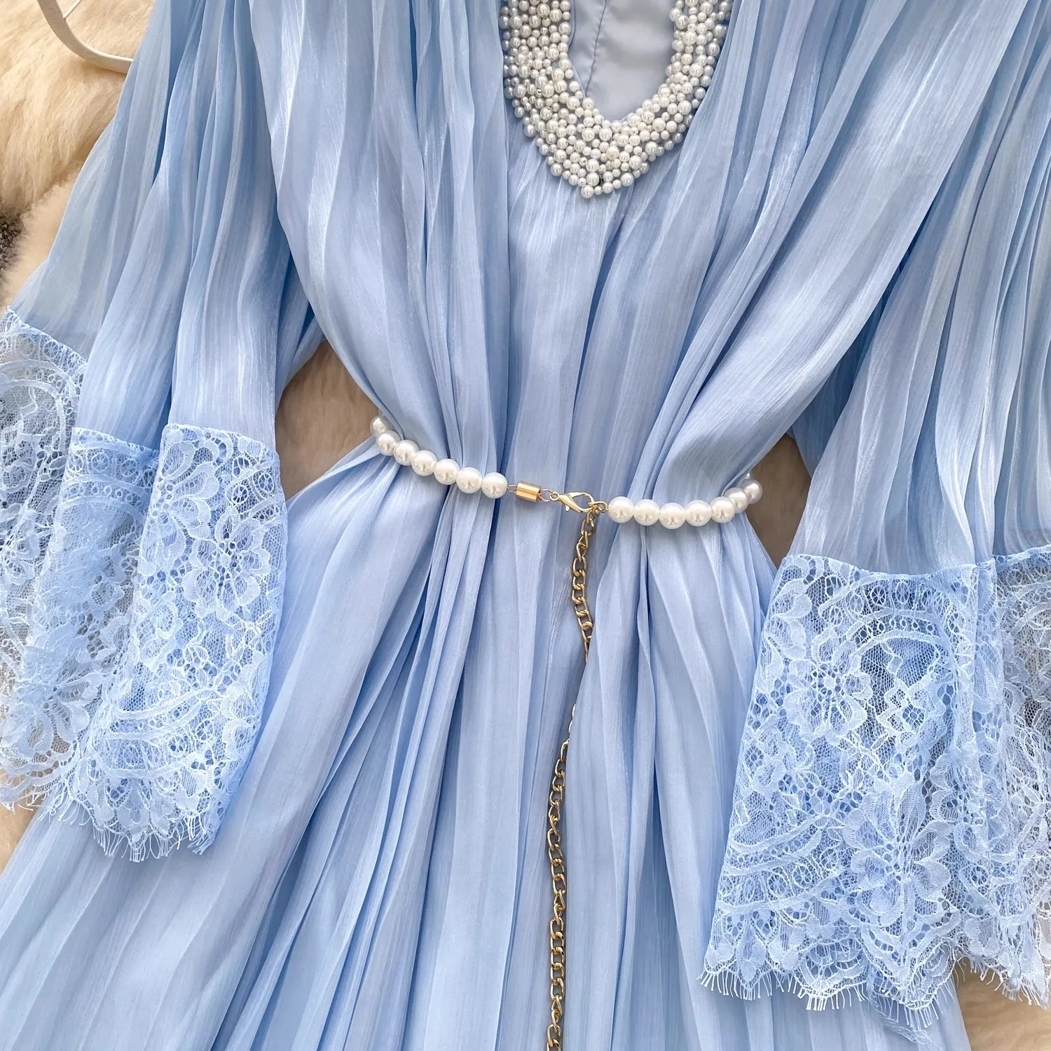 Blue Beading Lace Patchwork Loose Dress Women Elegant O-neck Vintage Clothing Lady Streetwear Holiday Party Vestidos Bodycon