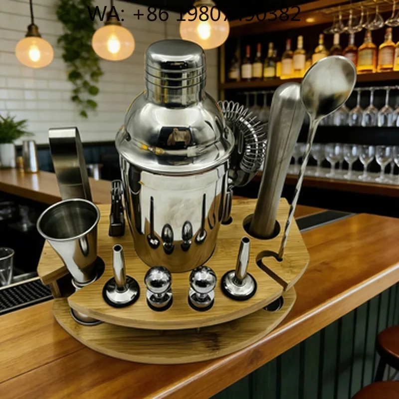 12Pcs  Cocktail Mixing Kit 750ml Boston Shaker Full Bar Accessories With Natural Bamboo Stand For Small Apartment Mini