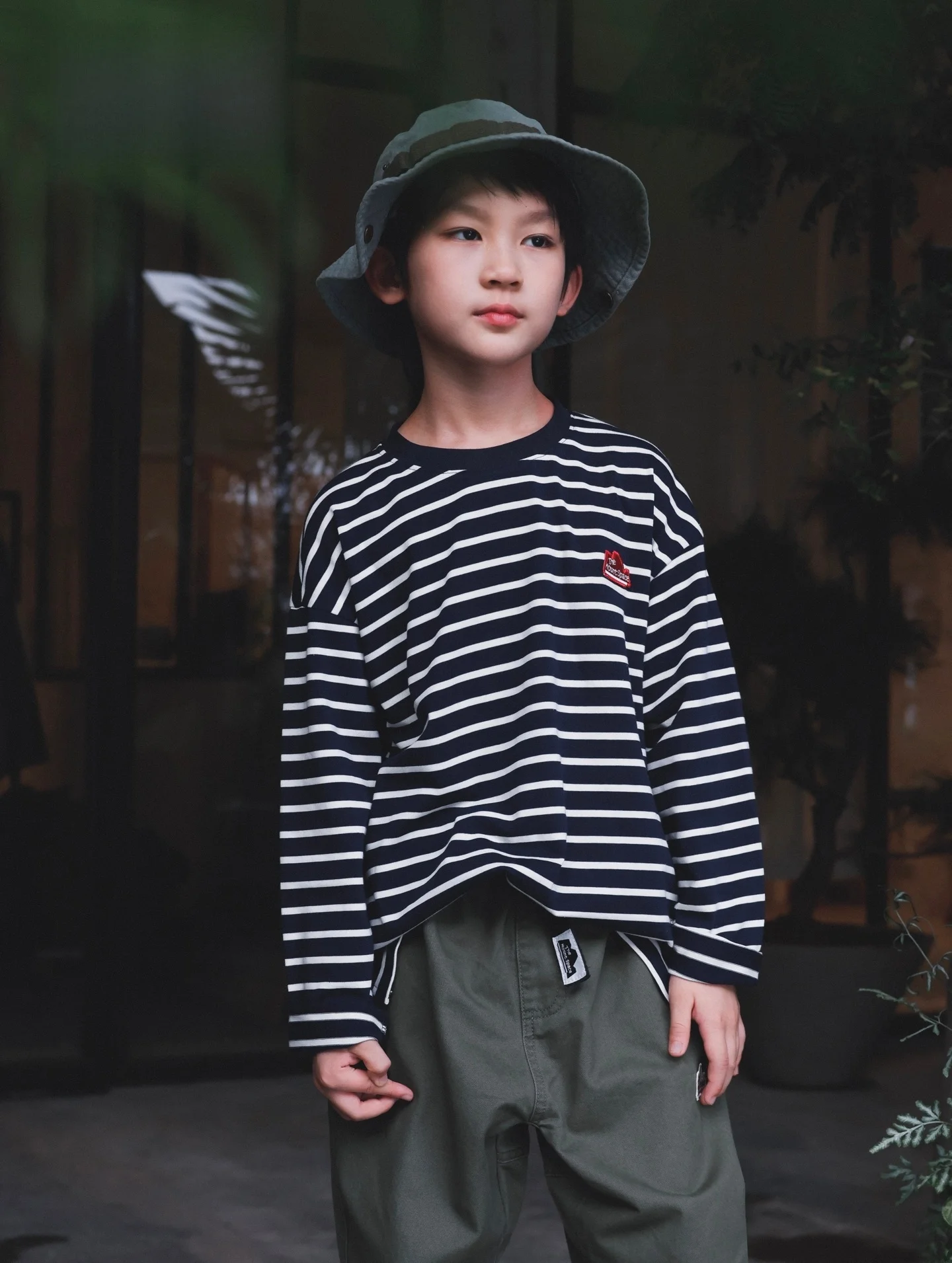 FaceC Mountain Series Boys' Striped Pure Cotton T-Shirt Spring Autumn Loose Fit round Neck Outdoor Fashionable Top for Kids