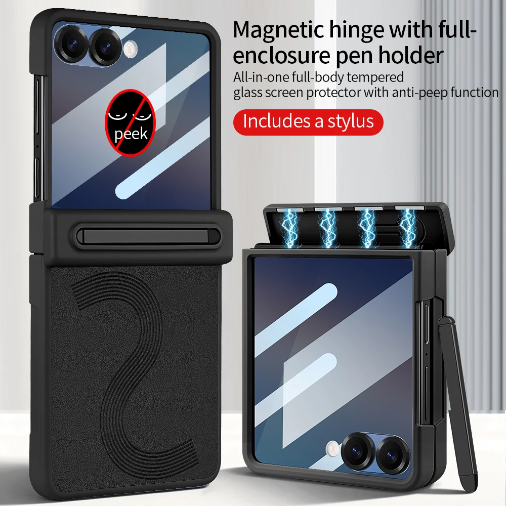 

PU Leather Anti-peeping Glass Film Pen Slot with Pen Phone Case for Samsung Galaxy Z FLIP 7 6 Flip6 Flip7 Hinge Protection Cover