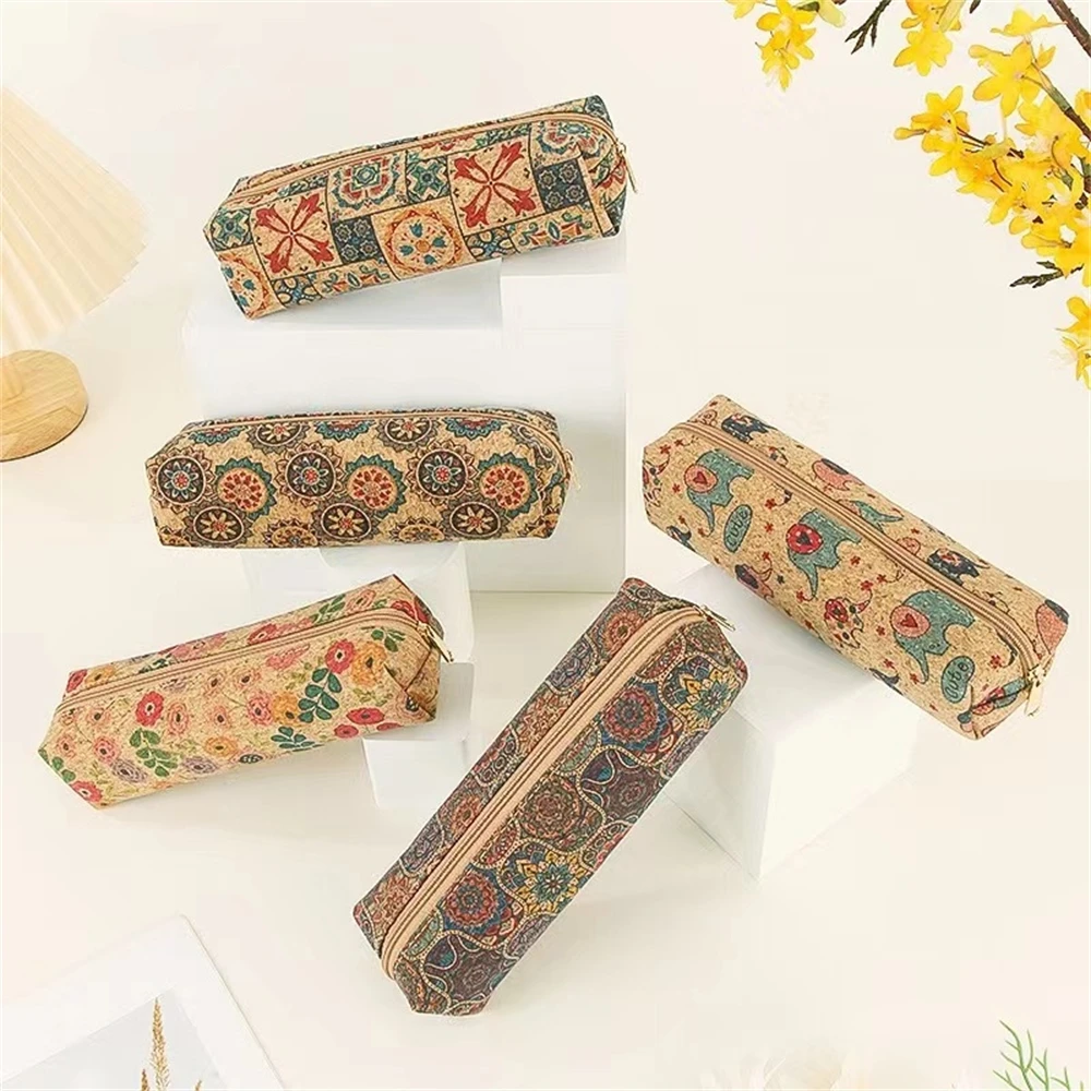 10pcs רטרו תיק עיפרון משובח פקק נייר תיק בית ספר קיבולת גדולה אספקה ציוד רוכסן מרובע רוכסן