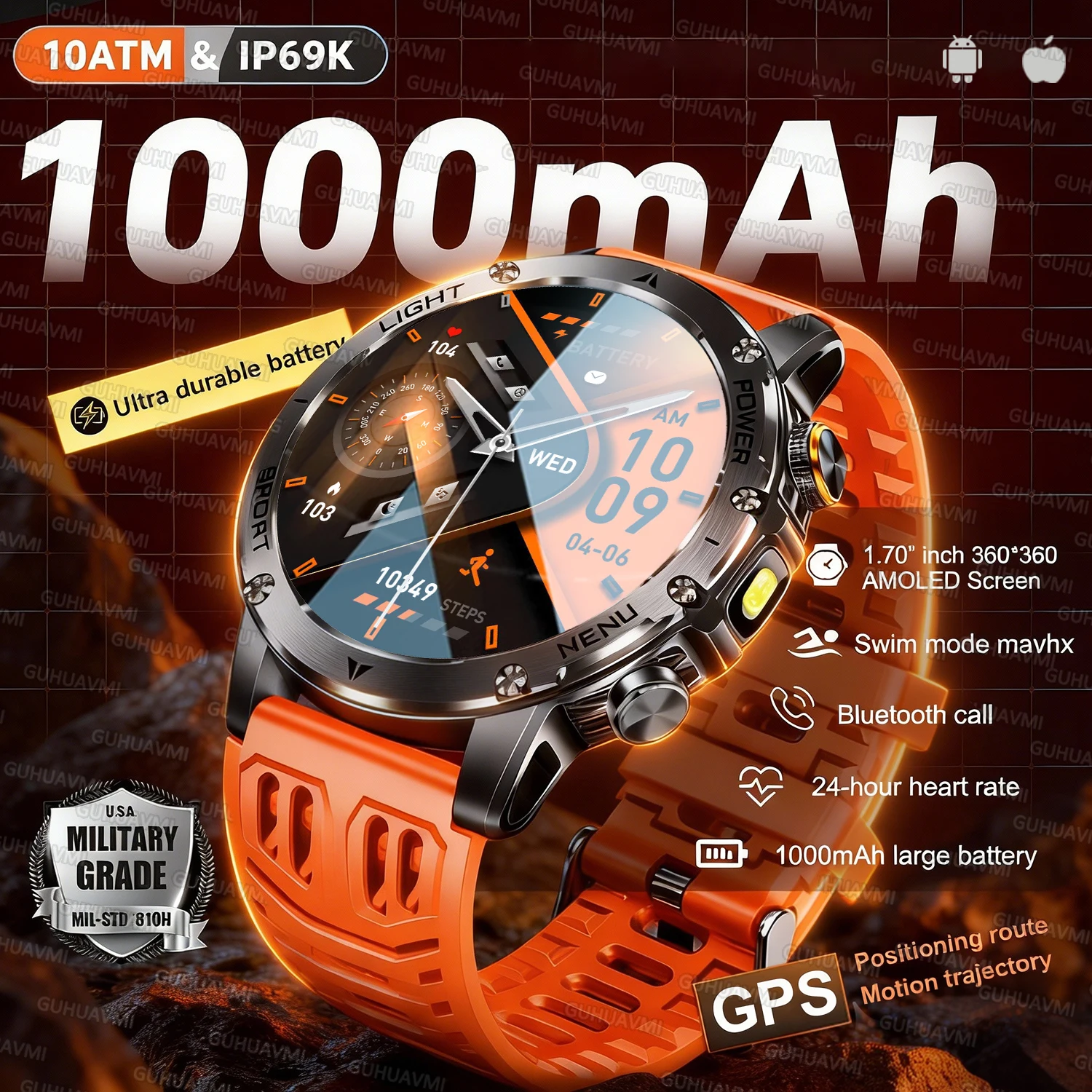 

Новые умные часы 2026 года для мужчин с GPS, аккумулятором 1000 мАч, длительным временем автономной работы, AMOLED-экраном, измерением пульса, водонепроницаемостью и функцией Bluetooth-звонков