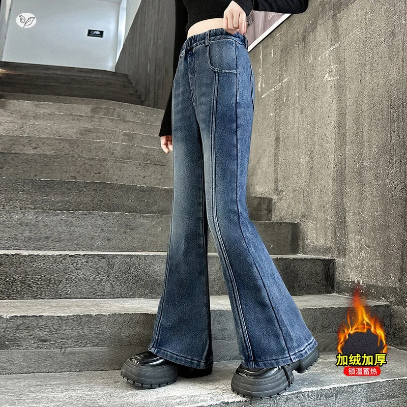 

Джинсы для девочек Джинсы-клеш в стиле пэчворк для девочек с облегающей флисовой подкладкой, новые поступления на осень и зиму 2026 г.