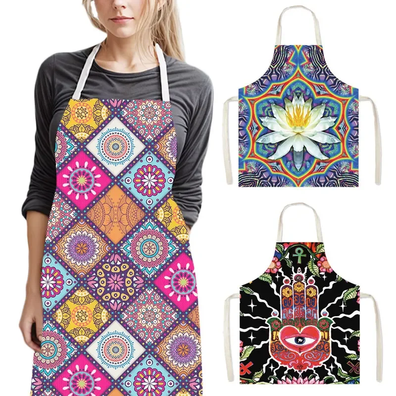 Mandala Flower / Hamasa Hand of Fatima Kitchen Aprons Women Pinafore Home Cleaning Clothing Chef Cooking Apron for Nail Salon