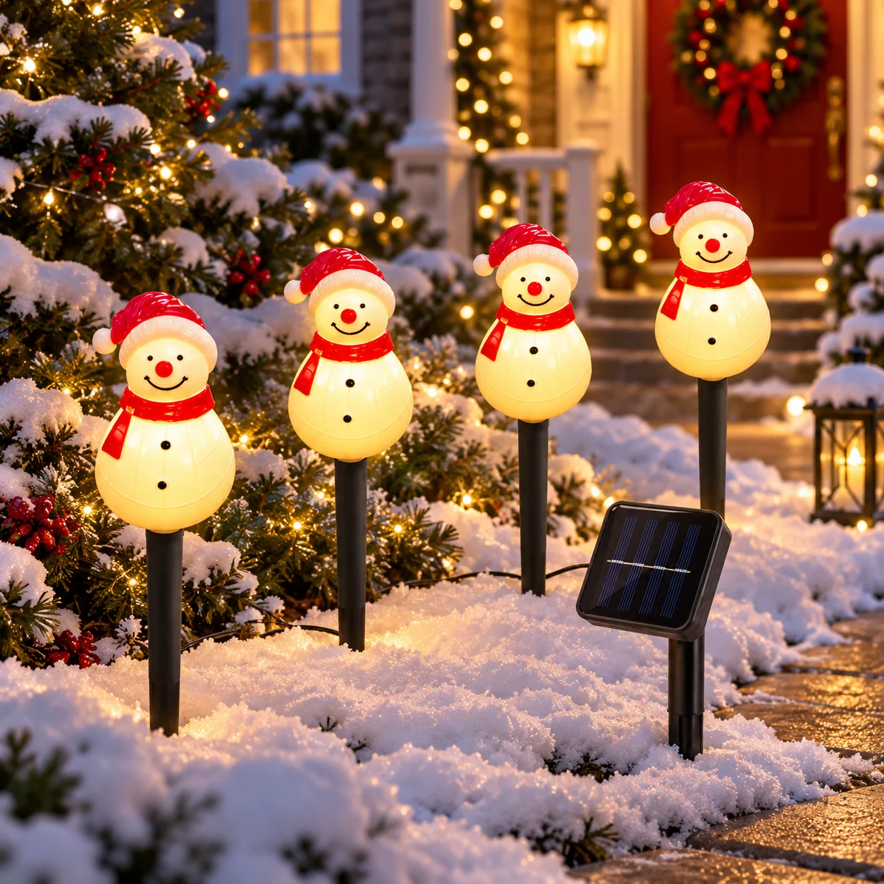 1pc Solar Snowman Christmas Lights Cute Red White Hat Snowman Stake Lights For Outdoor Garden Yard Pathway Lawn Xmas Decoration