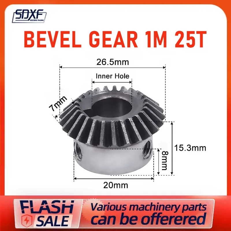 Bevel Gear 1M25T Hole Diameter 6/8/10/12mm Precision Conical Gear 90 Degrees Parts Grade 45# Steel Transmission Speed Ratio 1:1