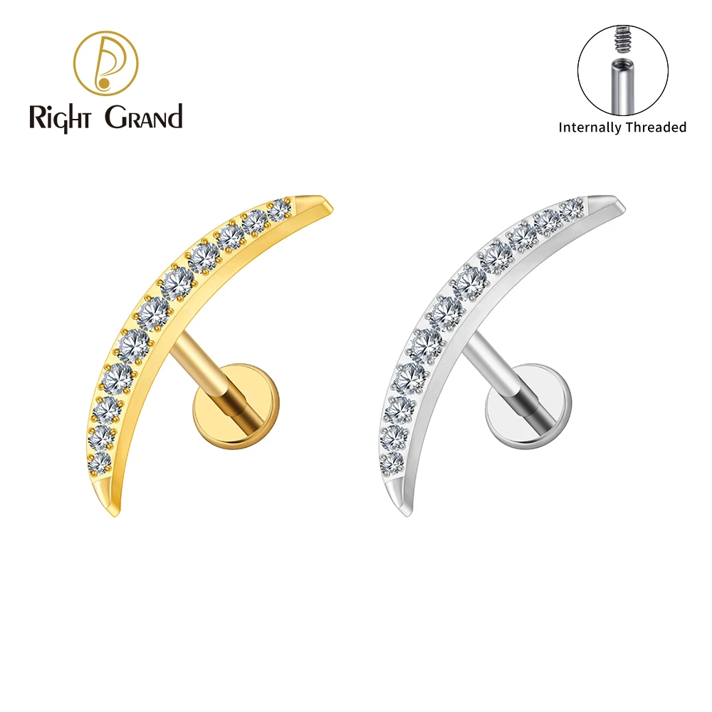 Right Grand Brinco de titânio ASTM F136, longo, lua crescente, com zircônia cúbica, 16G, parafuso, escalador, cartilagem, hélix, tragus, piercing de lóbulo da orelha